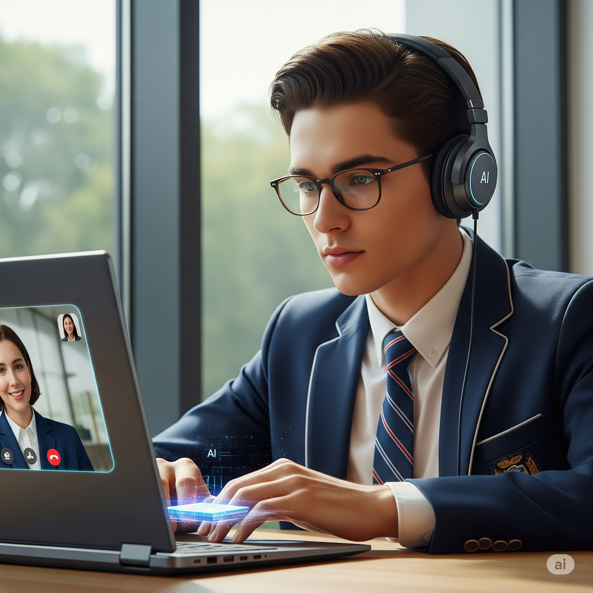 Student conducting a professional looking video call on an ai laptop